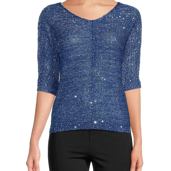 H by Halston Tops - H by Halston Blue Sequin Knit Top Medium NWOT Sparkle Party Blouse
